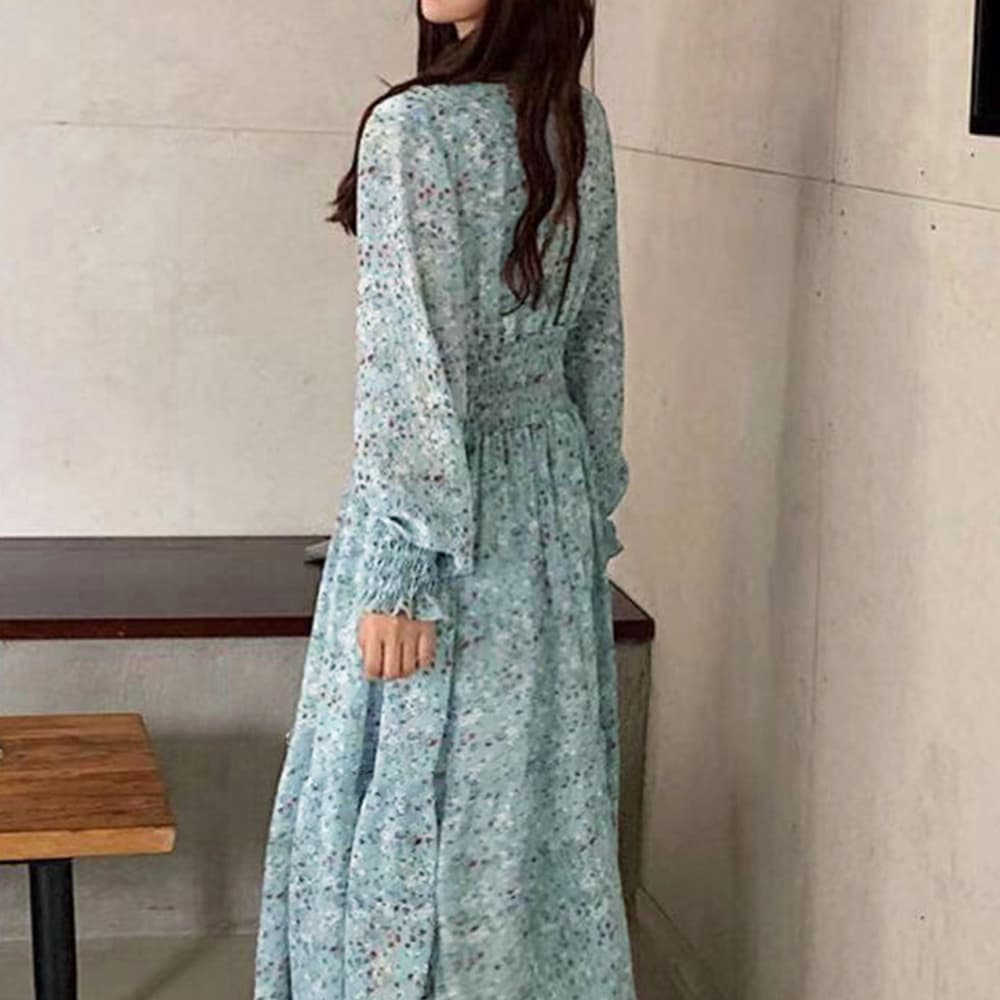 大人かわいい服 花柄シャーリングウエスト ロングワンピース