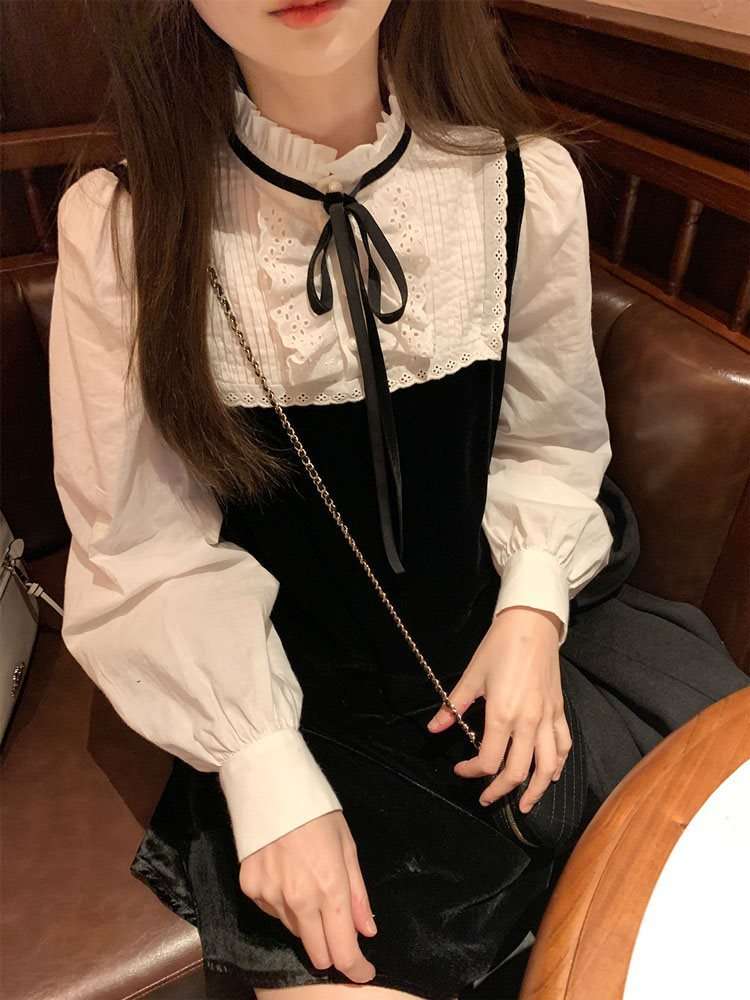 大人かわいい服 リボンとフリルのレトロガーリーワンピース