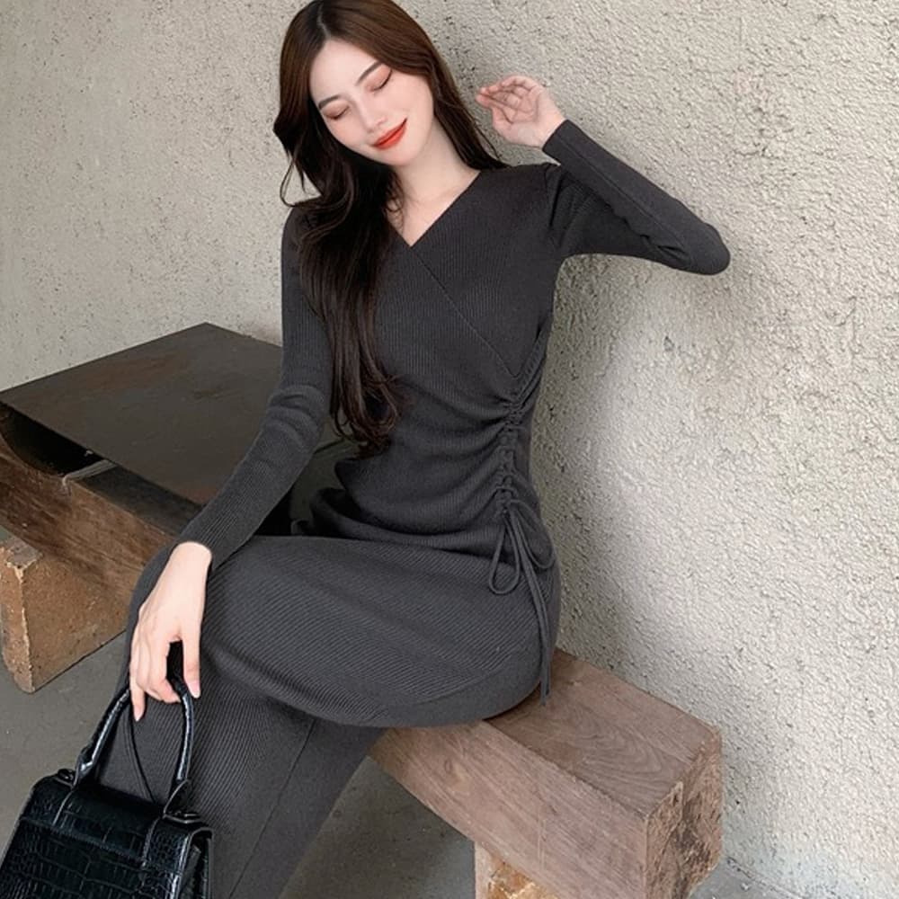 大人かわいい服 カシュクール風リブニットワンピース秋冬