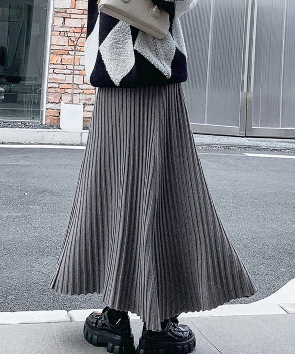 大人かわいい服 優美プリーツニットスカート 秋冬フレアロング