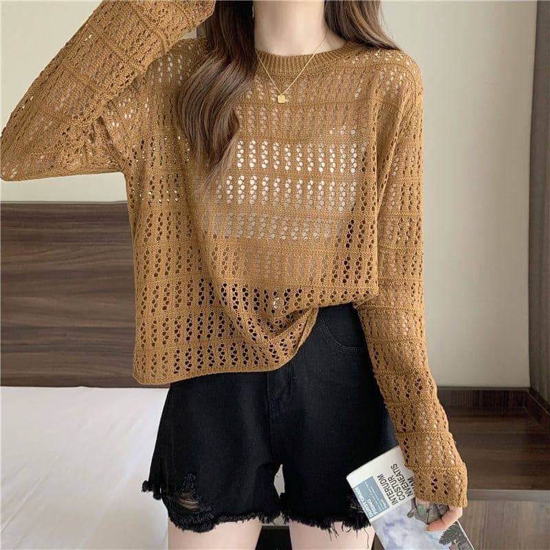 大人かわいい服 透かし編み長袖ニットプルオーバー