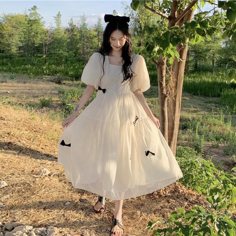大人かわいい服 森ガールチュールワンピース リボン装飾
