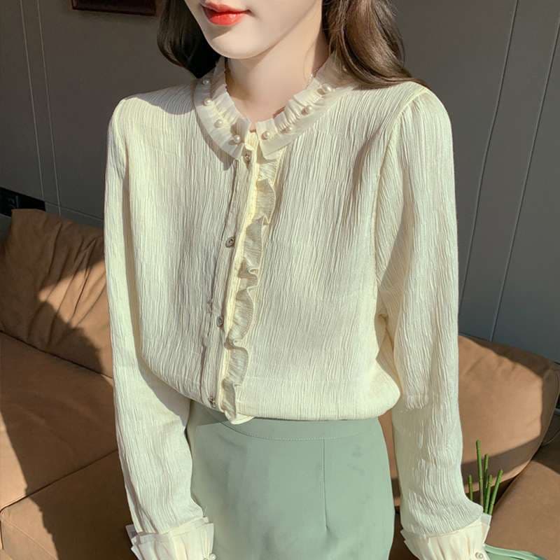 大人かわいい服 クラシカルフリルカラー長袖ブラウス