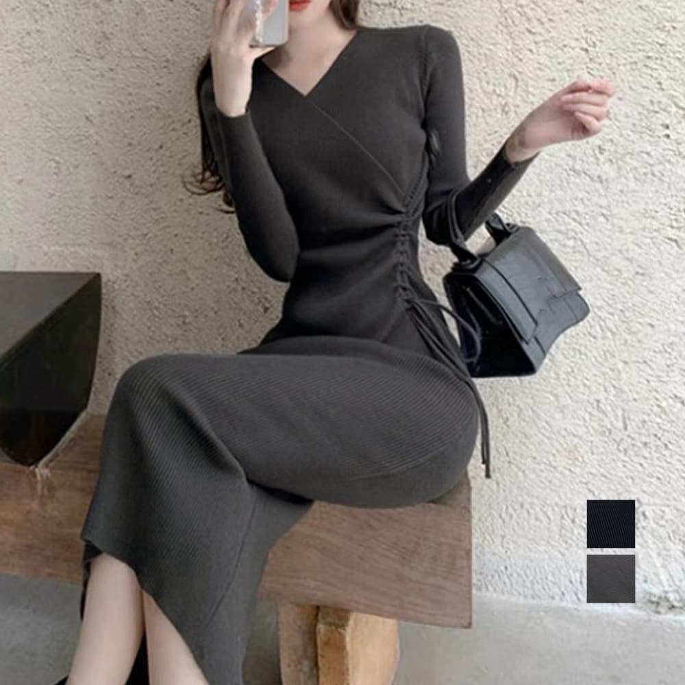 大人かわいい服 カシュクール風リブニットワンピース秋冬