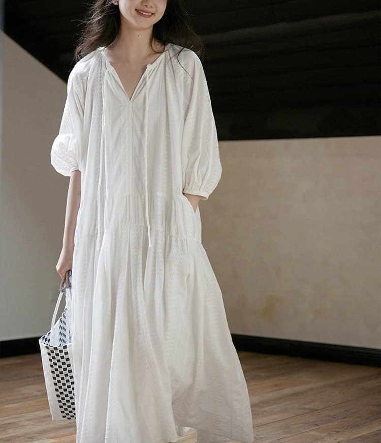 大人かわいい服 フレンチシックリボン＆ギャザーロングワンピース