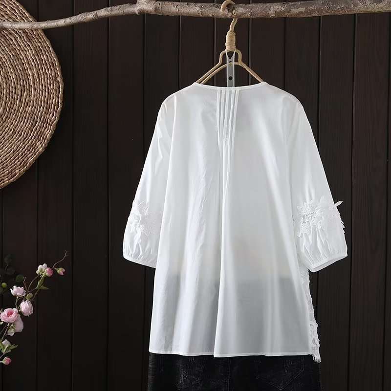 大人かわいい服 レース切替 シアー刺繍ブラウス