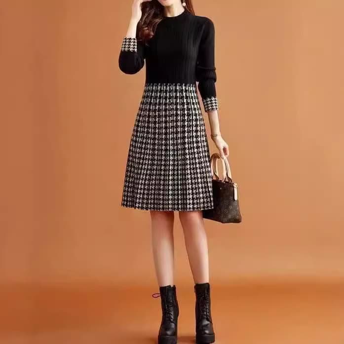 大人かわいい服 チェックプリーツ切替リブワンピース