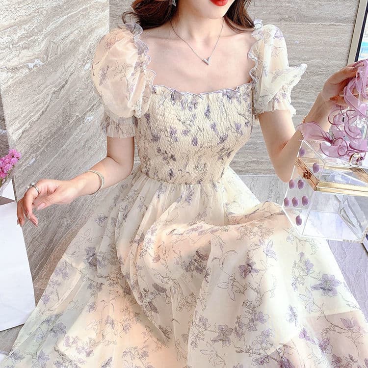 大人かわいい服 花柄刺繍シアーパフスリーブロングワンピース
