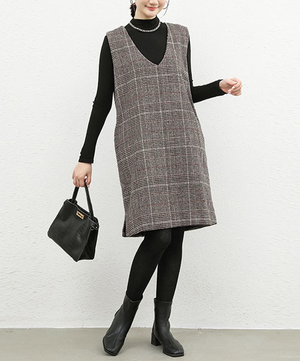 大人かわいい服 大人チェック柄 サイドスリット ジャンパースカートワンピース