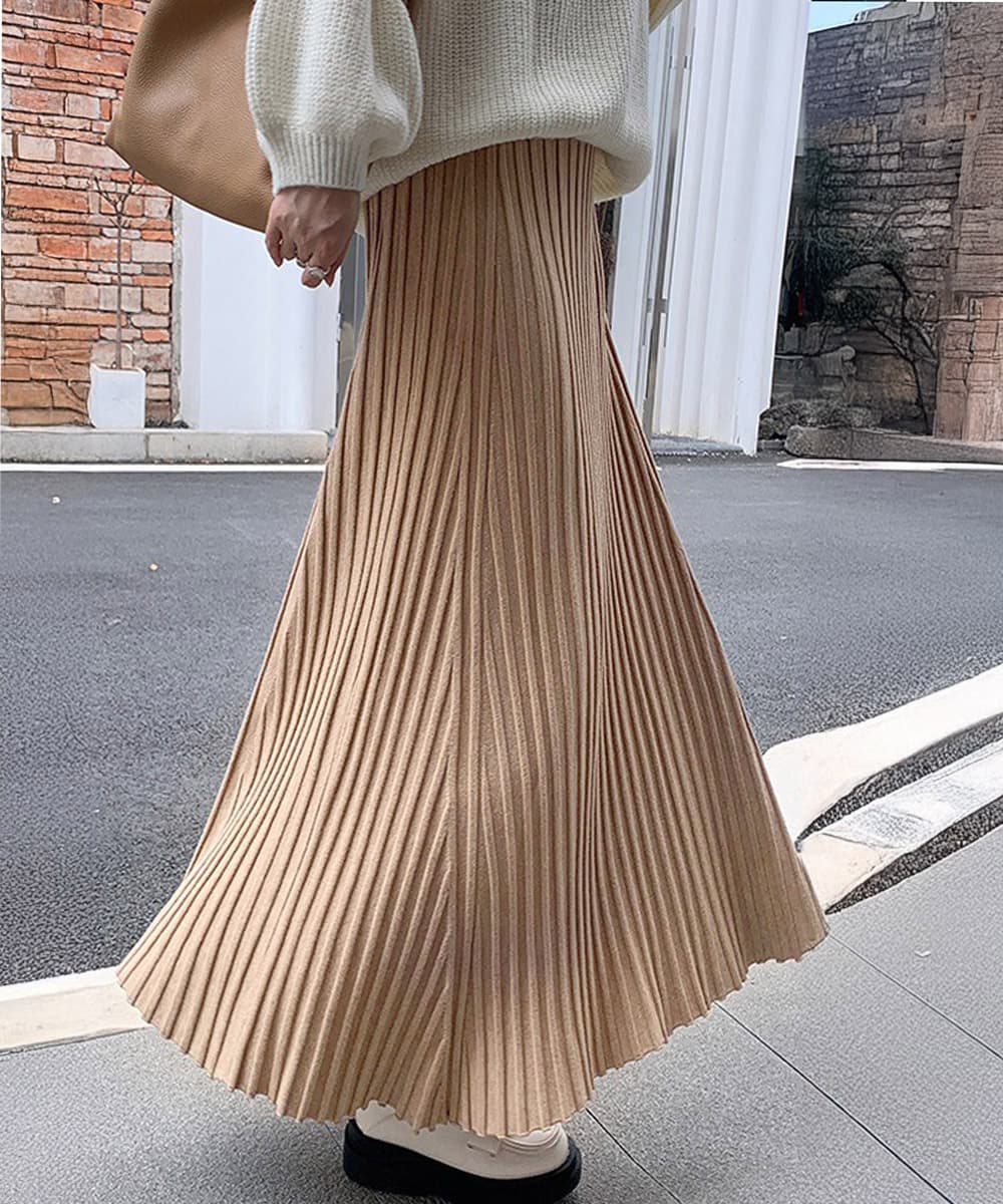 大人かわいい服 優美プリーツニットスカート 秋冬フレアロング