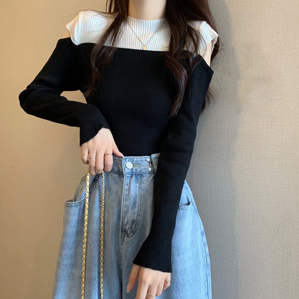 大人かわいい服 肩見せバイカラーリブニットトップス