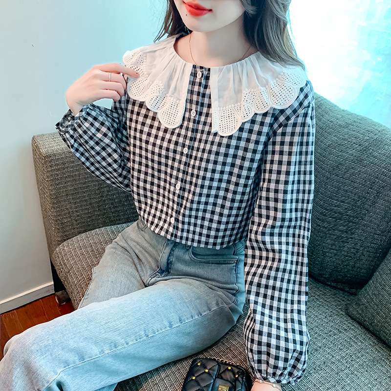 大人かわいい服 上品カジュアル フリルカラーチェックシャツ