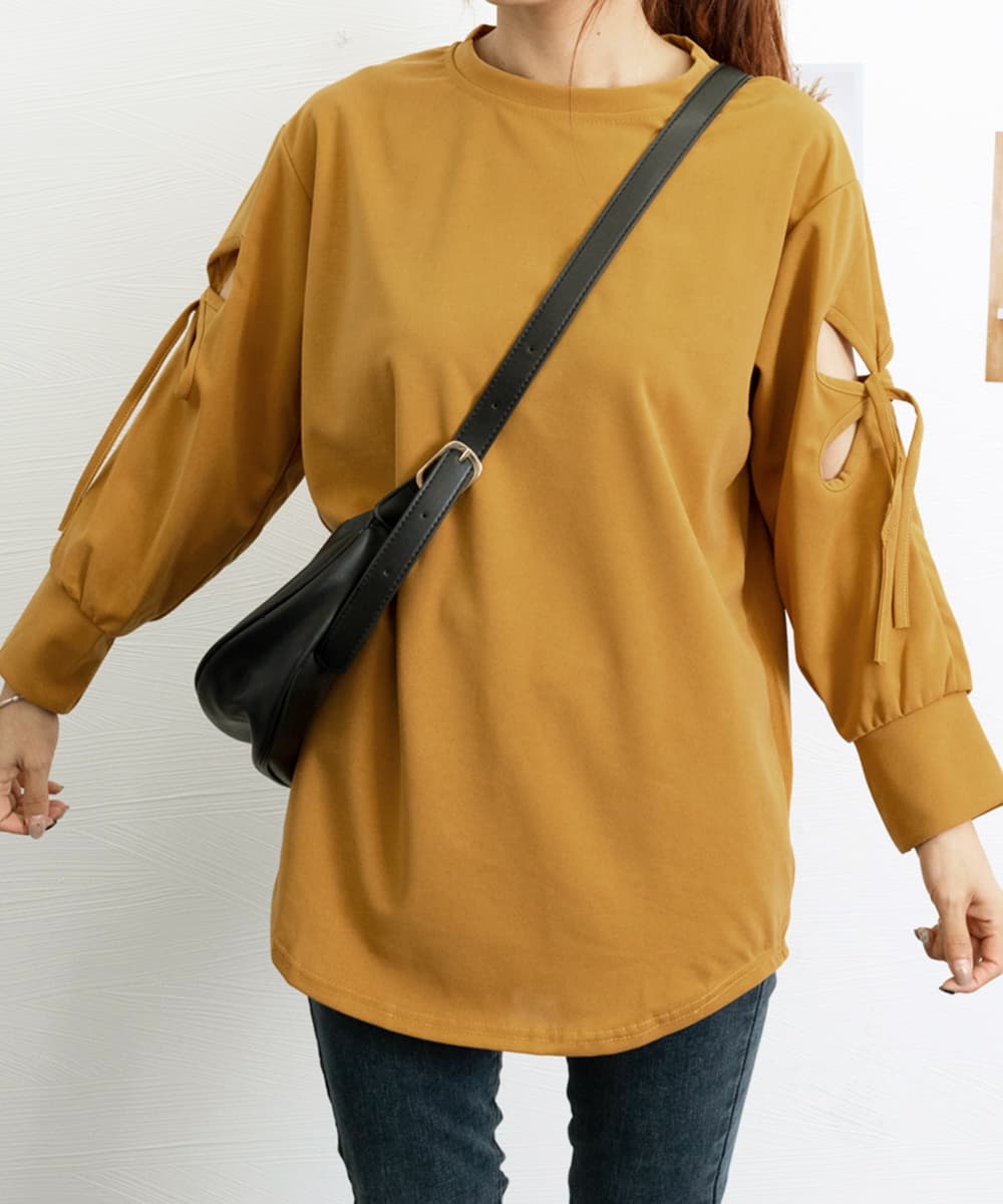 大人かわいい服 袖リボンカットソー ゆったりトップス 体型カバー