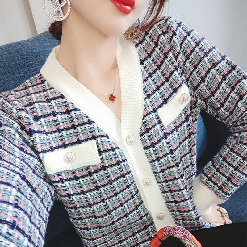 大人かわいい服 チェック柄ニットカーディガン