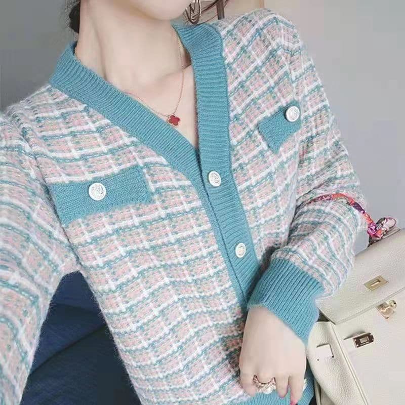 大人かわいい服 チェック柄ニットカーディガン