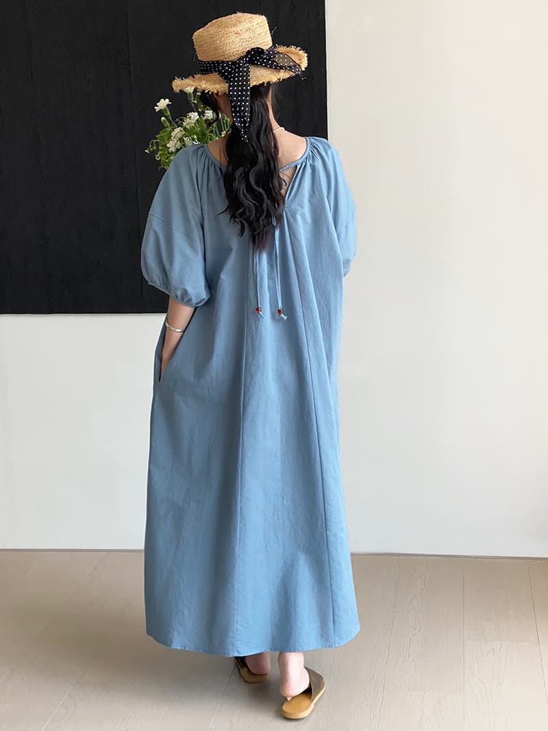 大人かわいい服 リネン混パフスリーブウエスト紐ワンピース