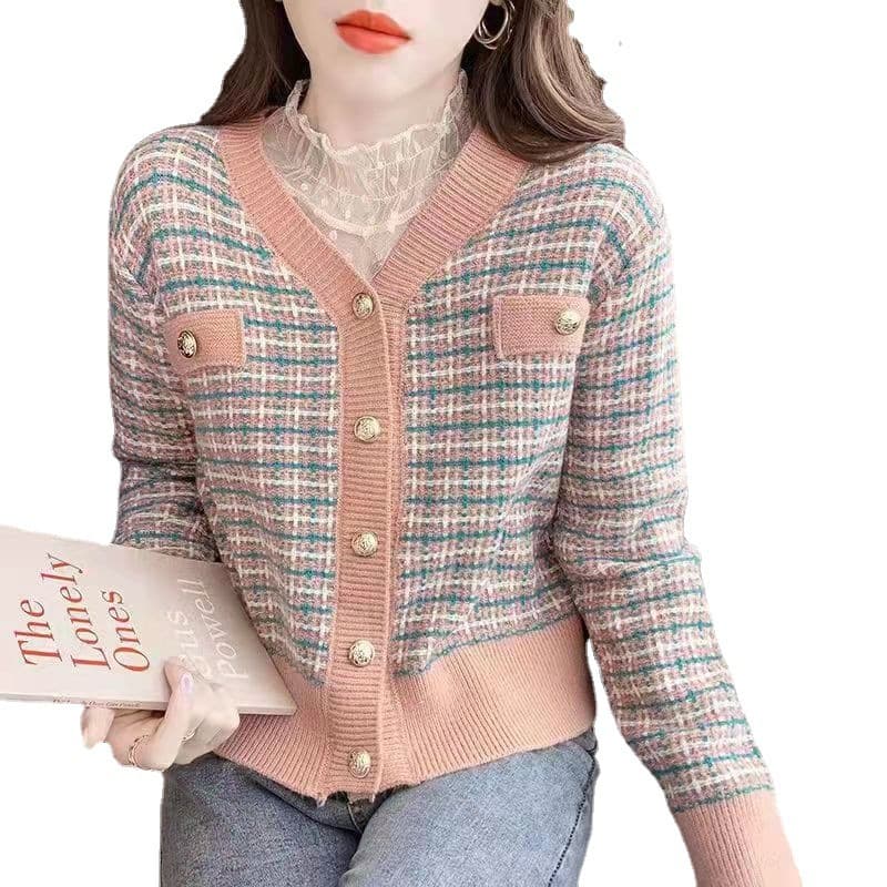 大人かわいい服 チェック柄ニットカーディガン