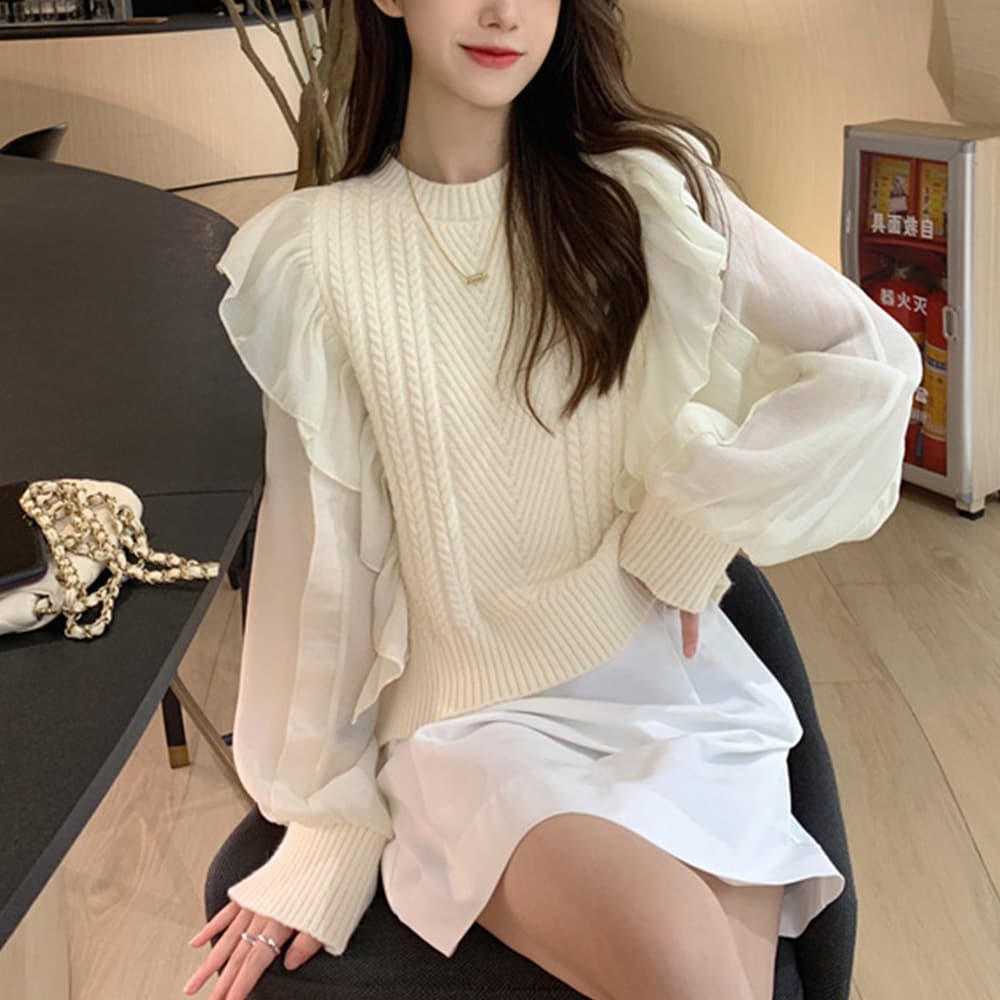 大人かわいい服 フリル袖リブニットトップス 上品フェミニン