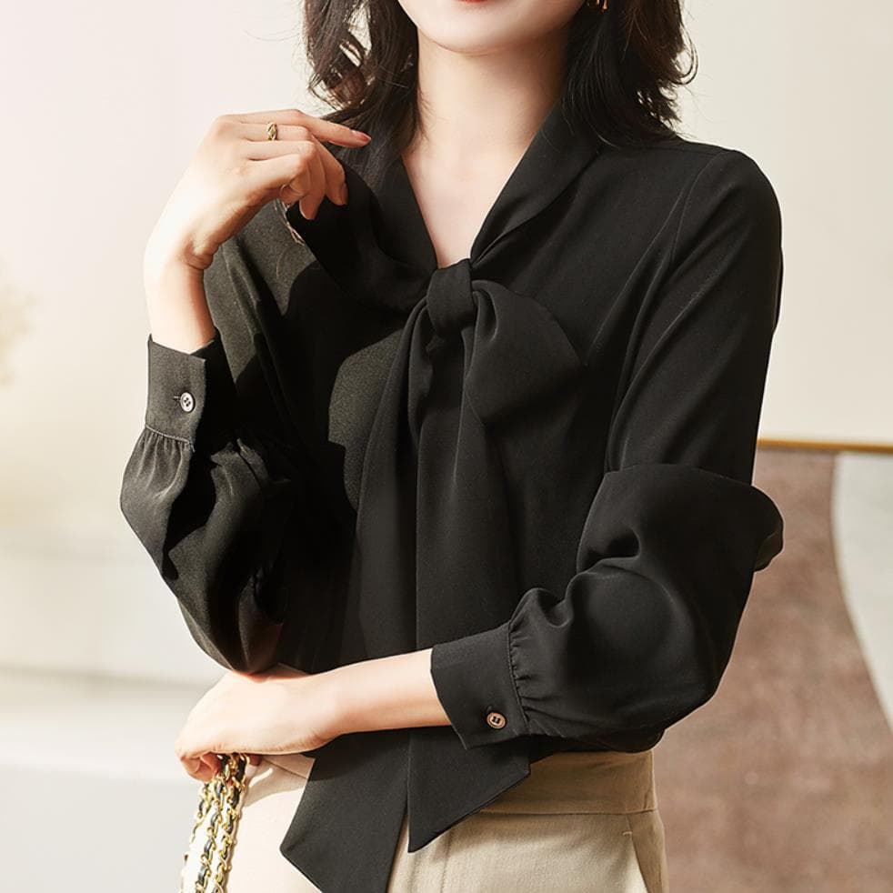 大人かわいい服 シャーリング×リボンタイ ブラウス