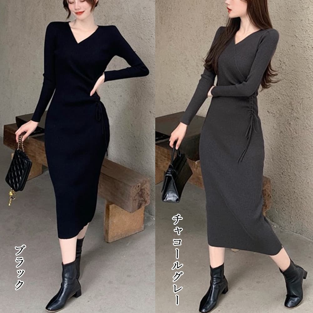 大人かわいい服 カシュクール風リブニットワンピース秋冬