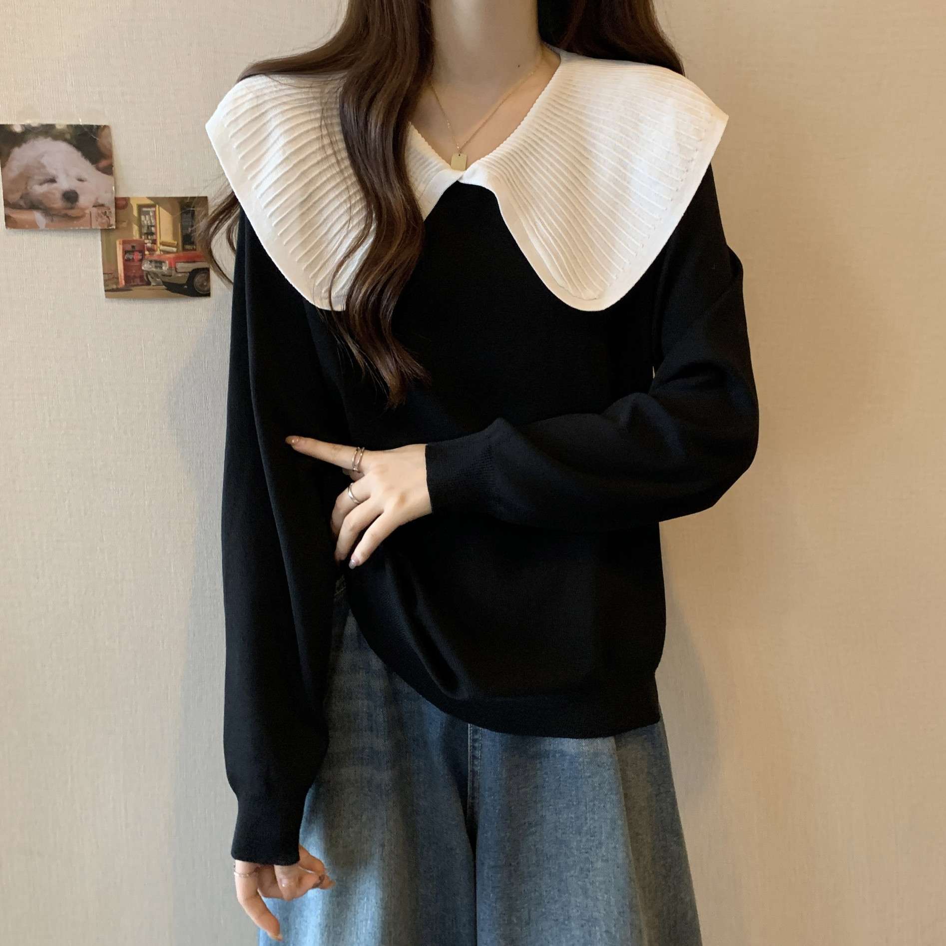 大人かわいい服 襟プリーツゆったりニットトップス