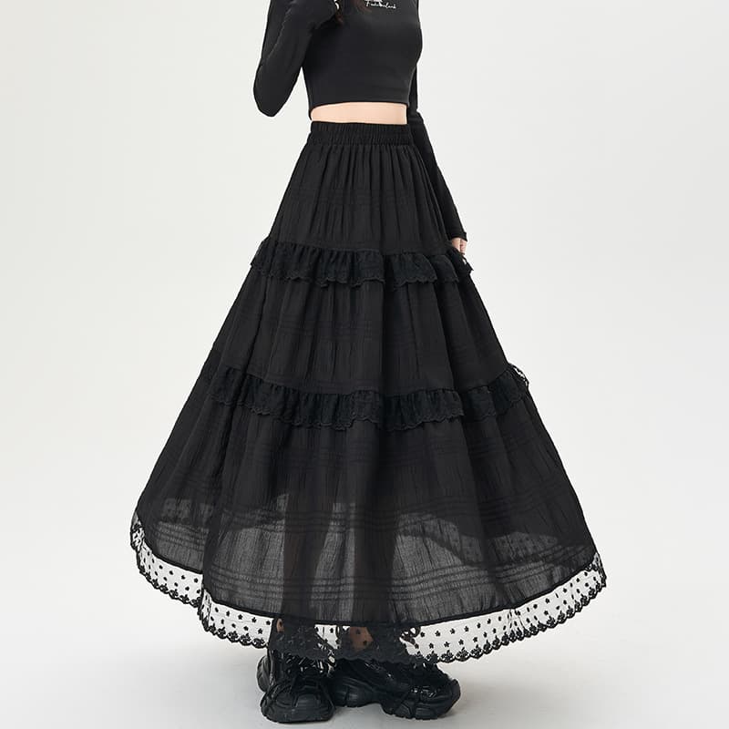 大人かわいい服 レースが揺れる ティアードロングスカート