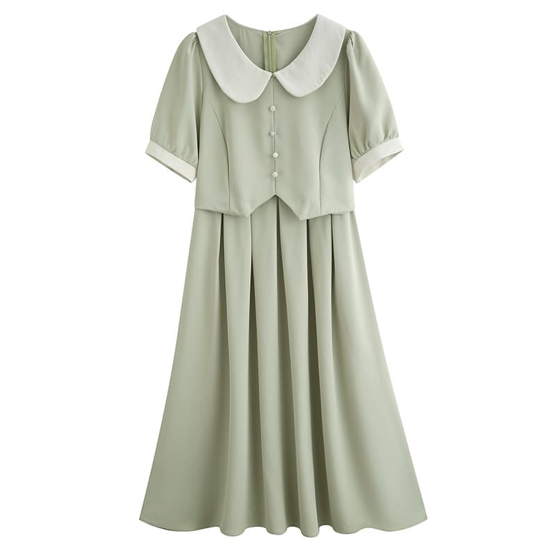 大人かわいい服 丸襟パフスリーブ配色切替ミディ丈ワンピース