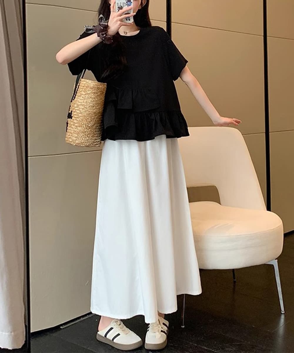 大人かわいい服 アシンメトリーフリル切替トップス
