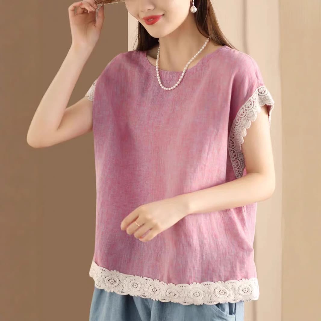 大人かわいい服 レース縁取りリネン風ゆったりブラウス