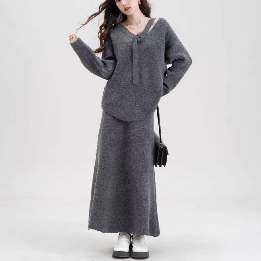 大人かわいい服 ふんわりニット切り替えセットアップ