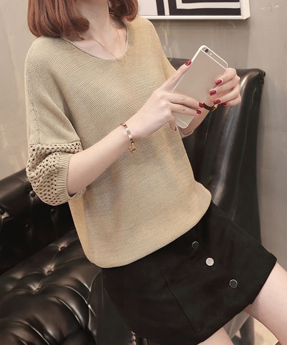 大人かわいい服 透かし袖サマーニットトップス 涼しげVネック