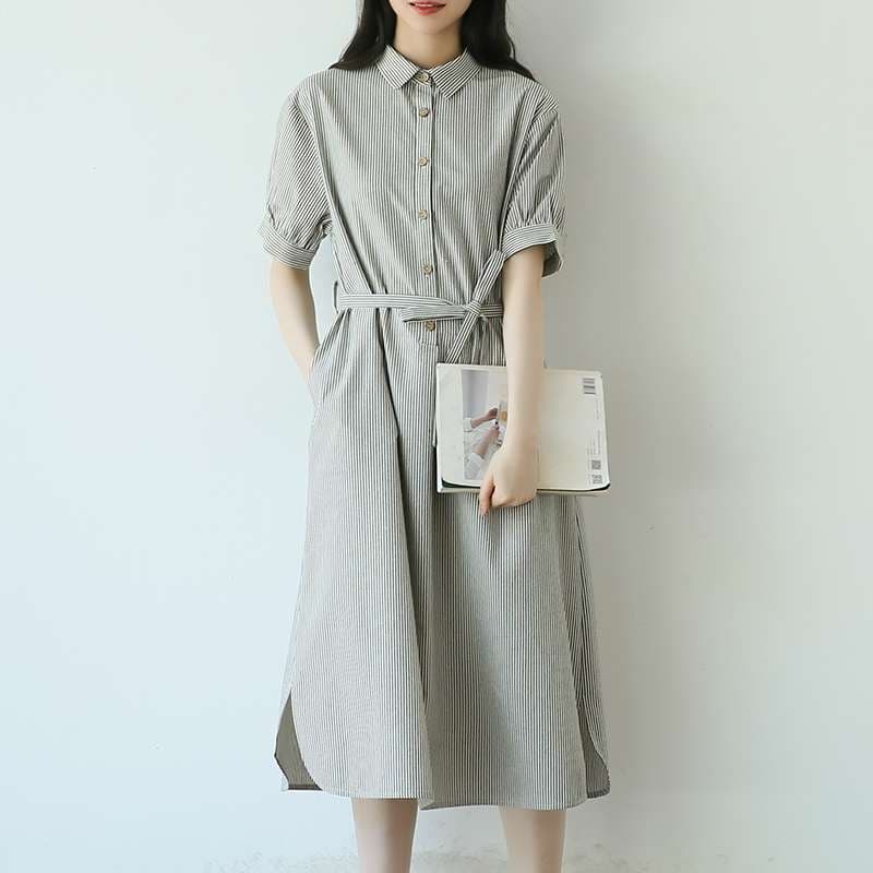 大人かわいい服 上品ストライプシャツワンピース