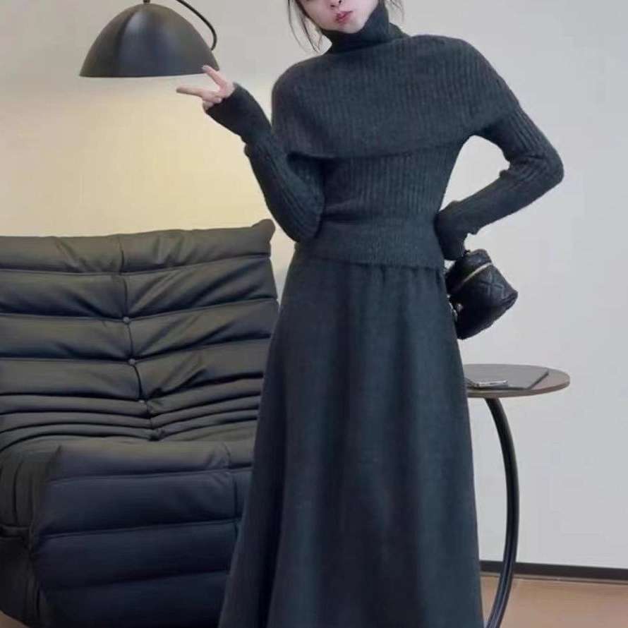 大人かわいい服 リブニット＆ロングフレアセット
