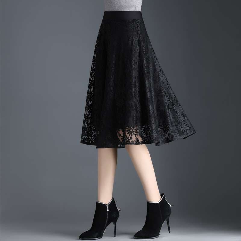 大人かわいい服 花柄レース フレアスカート