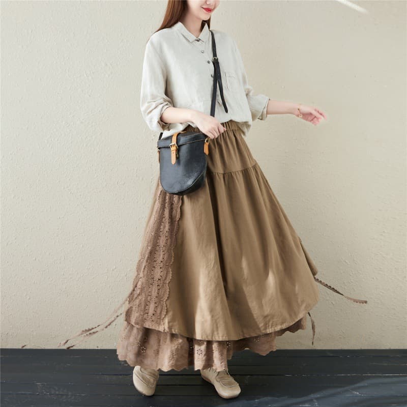 大人かわいい服 裾レースが華やぐ 切替ロングスカート