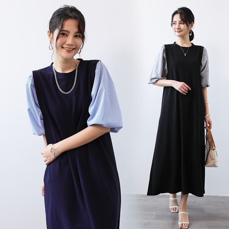 大人かわいい服 異素材パフスリーブ切替ミディ丈ワンピース