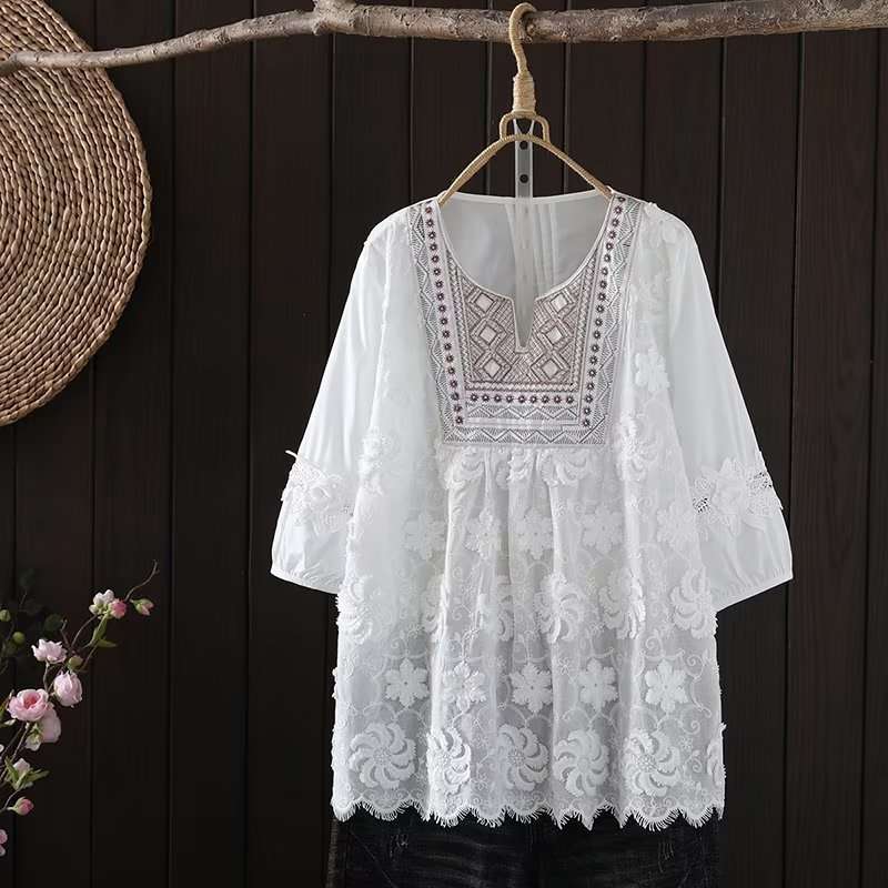 大人かわいい服 レース切替 シアー刺繍ブラウス