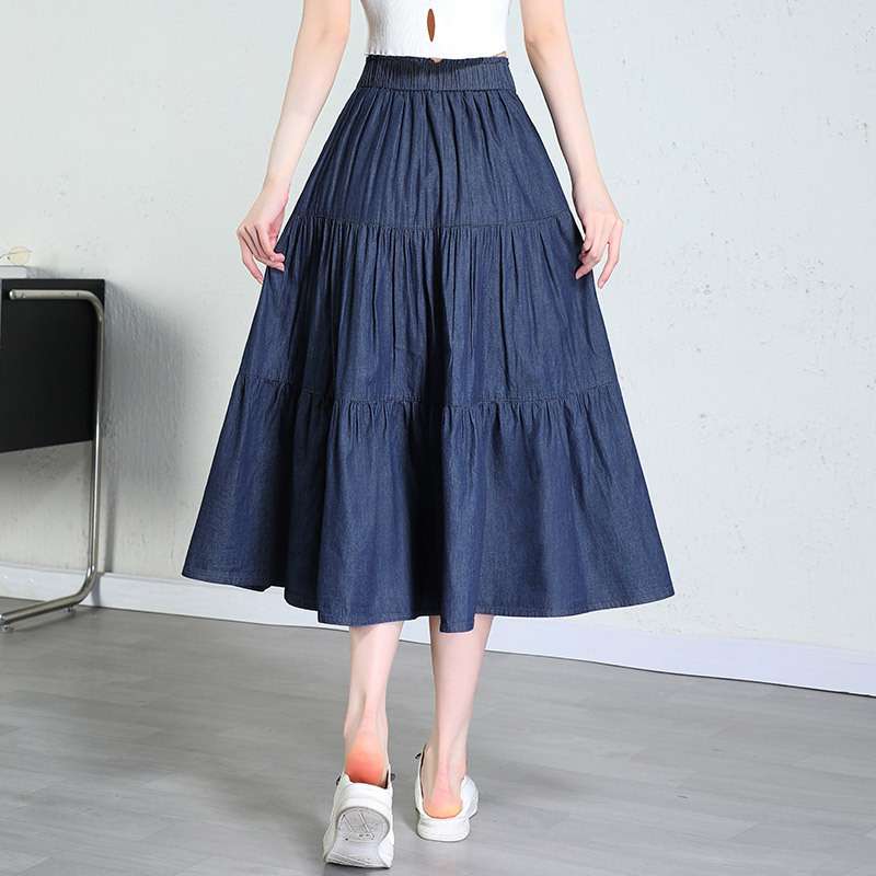 大人かわいい服 ティアードフレアデニムロングスカート