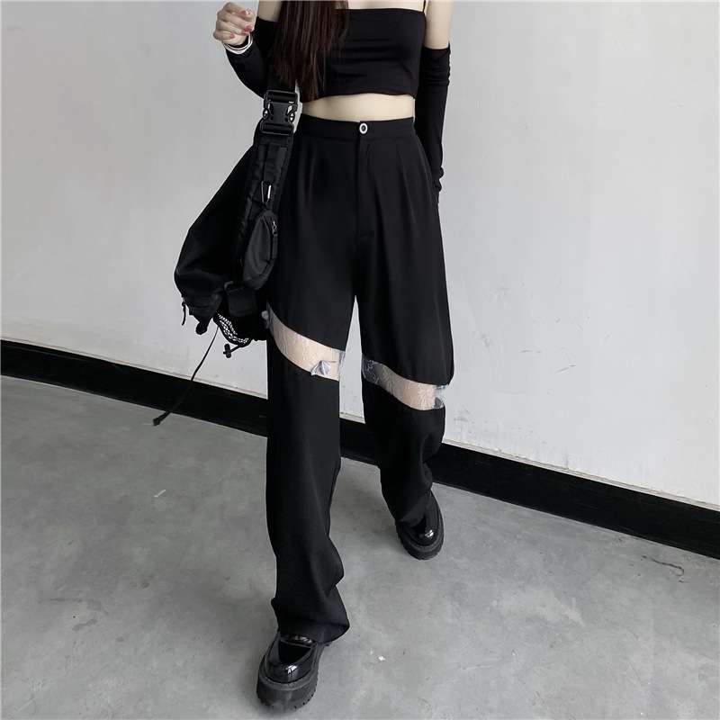 大人かわいい服 メッシュ切替ワイドパンツ