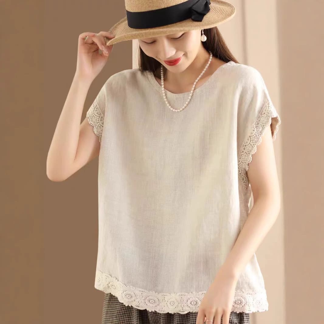 大人かわいい服 レース縁取りリネン風ゆったりブラウス
