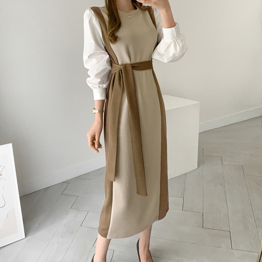 大人かわいい服 パフスリーブ バイカラー ニットワンピース