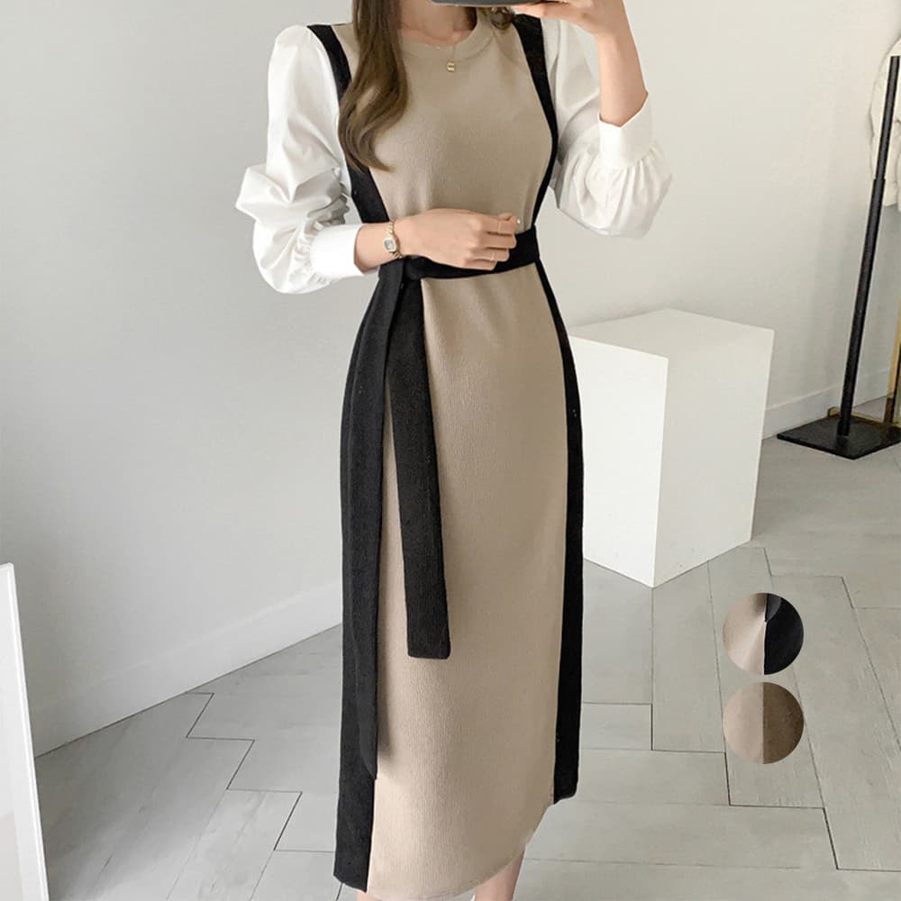 大人かわいい服 パフスリーブ バイカラー ニットワンピース