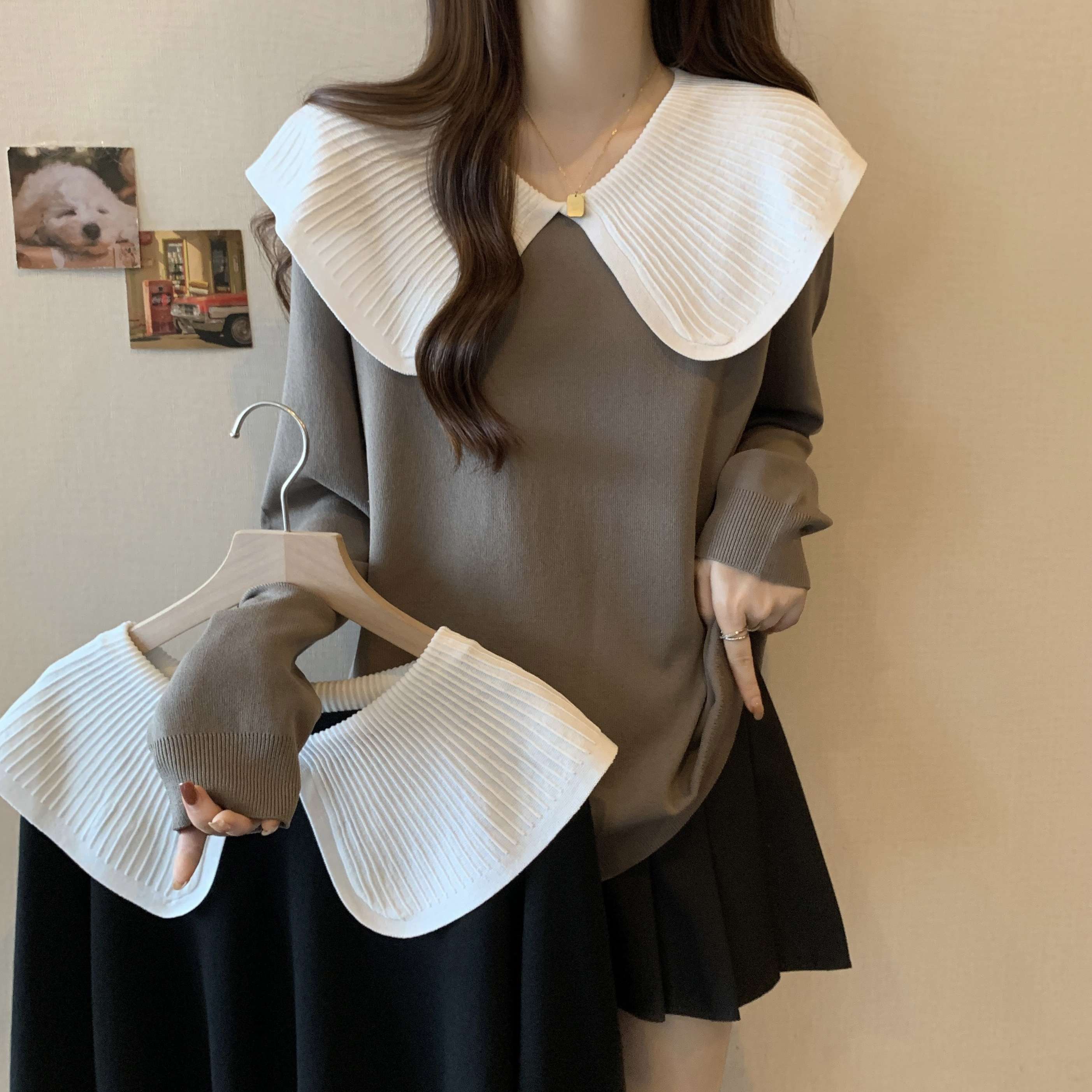 大人かわいい服 襟プリーツゆったりニットトップス