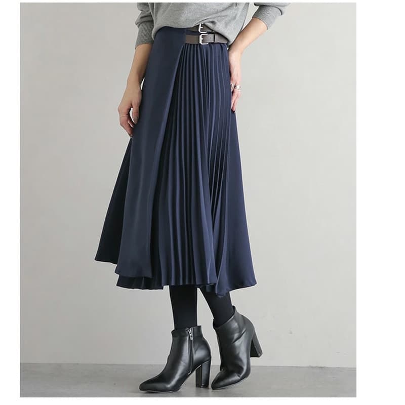 大人かわいい服 プリーツ切替ラップスカート