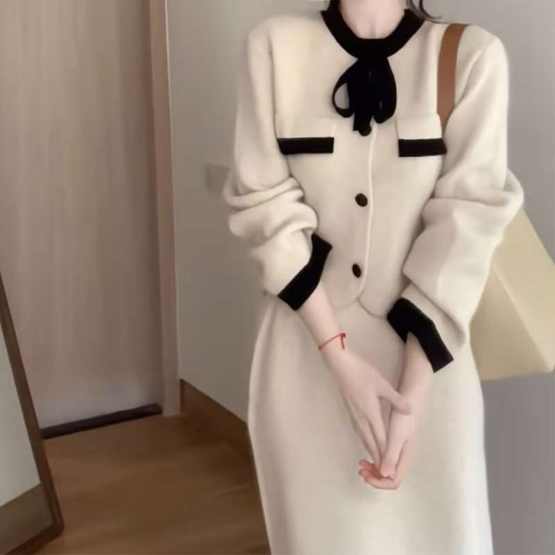 大人かわいい服 リボンタイ付きクラシカルニットセット
