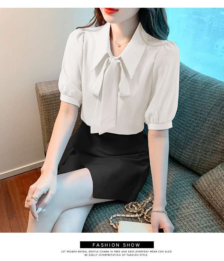 大人かわいい服 襟元リボンリ パフスリーブブラウス