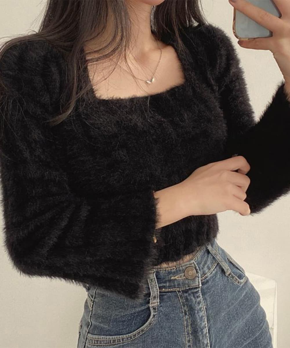 大人かわいい服 ふわシャギー ショート丈ニットトップス
