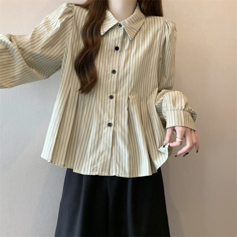 大人かわいい服 ストライプギャザー フレアブラウス