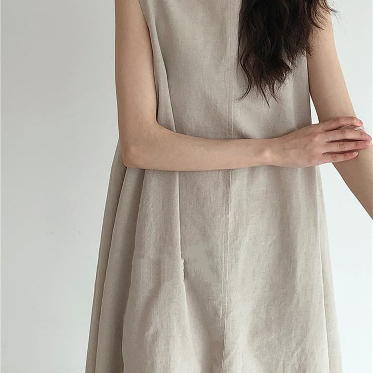 大人かわいい服 ゆったりシルエット ノースリーブ麻混ロングワンピース