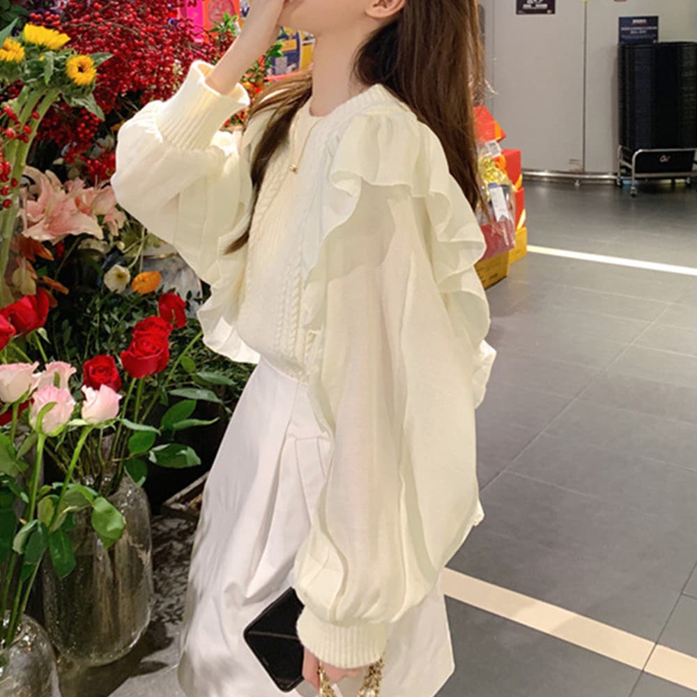 大人かわいい服 フリル袖リブニットトップス 上品フェミニン